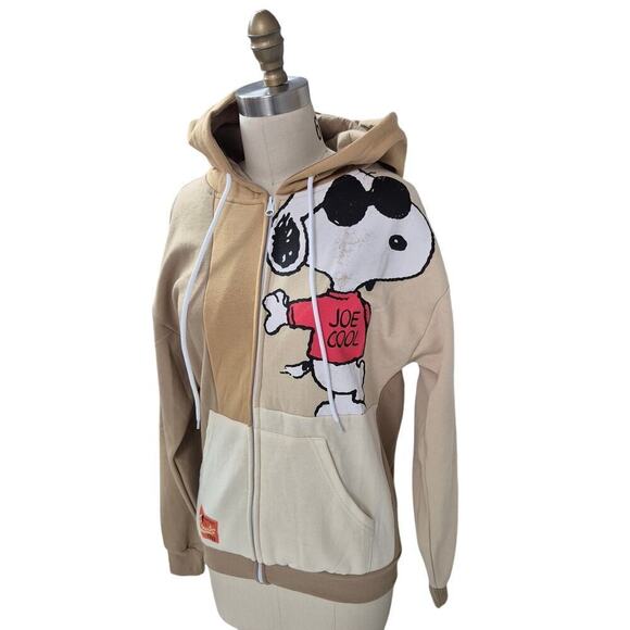 NWT PEANUTS Snoopy Joe Cool Color Block Tan Sweatshirt with a Full Zip Hoodie S - Picture 1 of 6